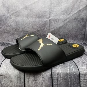 NEW Puma Mens Slides, Sz. 12 great cushion sole. Black and gold